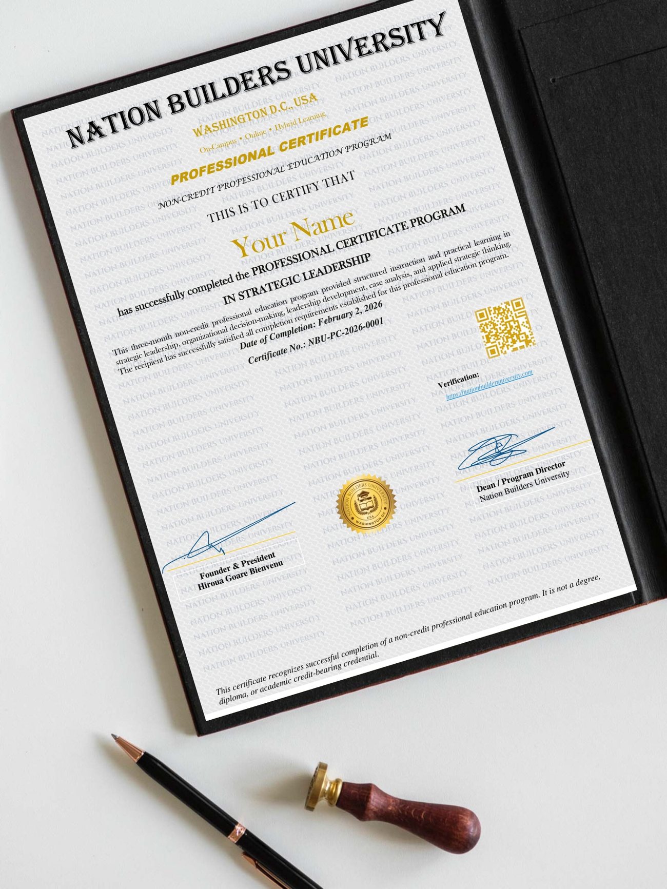 Sample design of an NBU non-credit professional certificate with sample name and sample certificate number