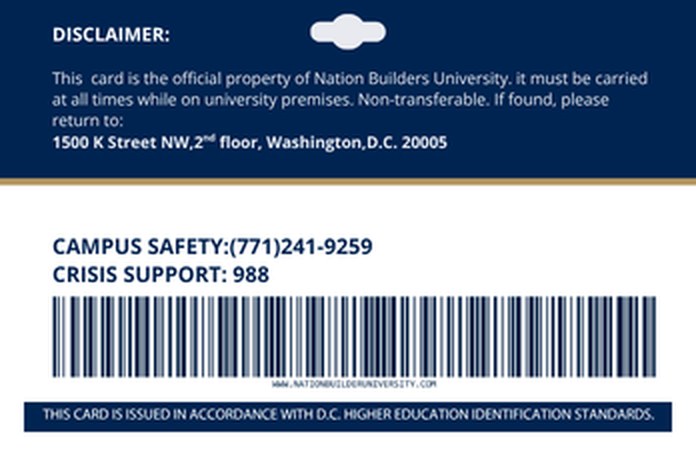 Sample design of the back of an NBU student ID card with campus safety phone number and crisis support line
