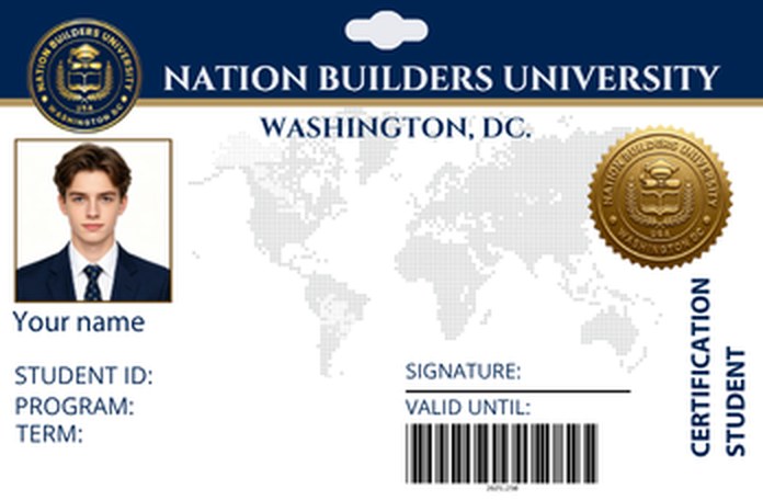 Sample design of an NBU certification student ID card, front, with placeholder photo and blank fields